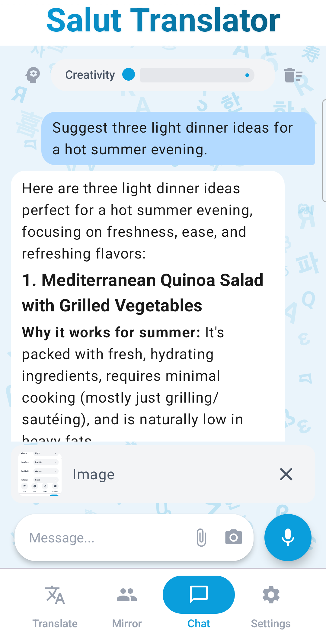 Chat with a photo attached, ready to send