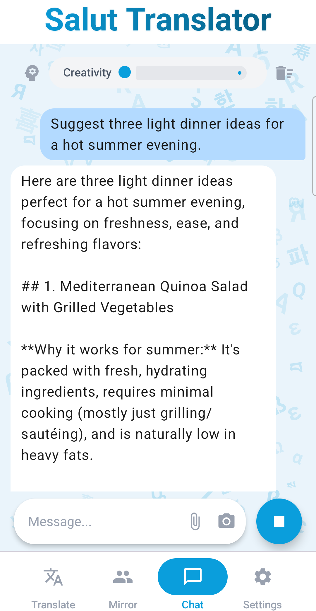 A streamed AI answer in chat