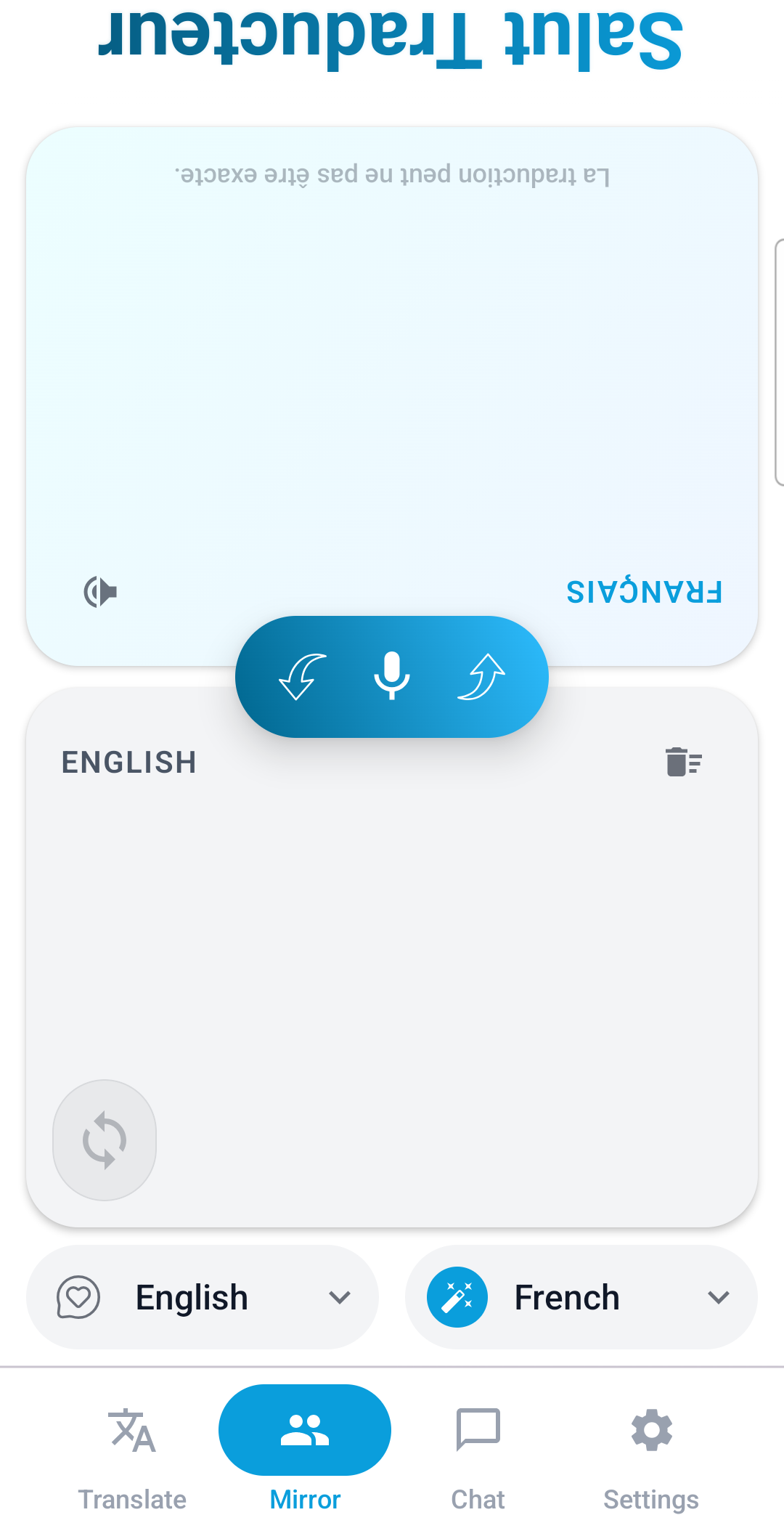 Mirror mode — top half rotated for the person across