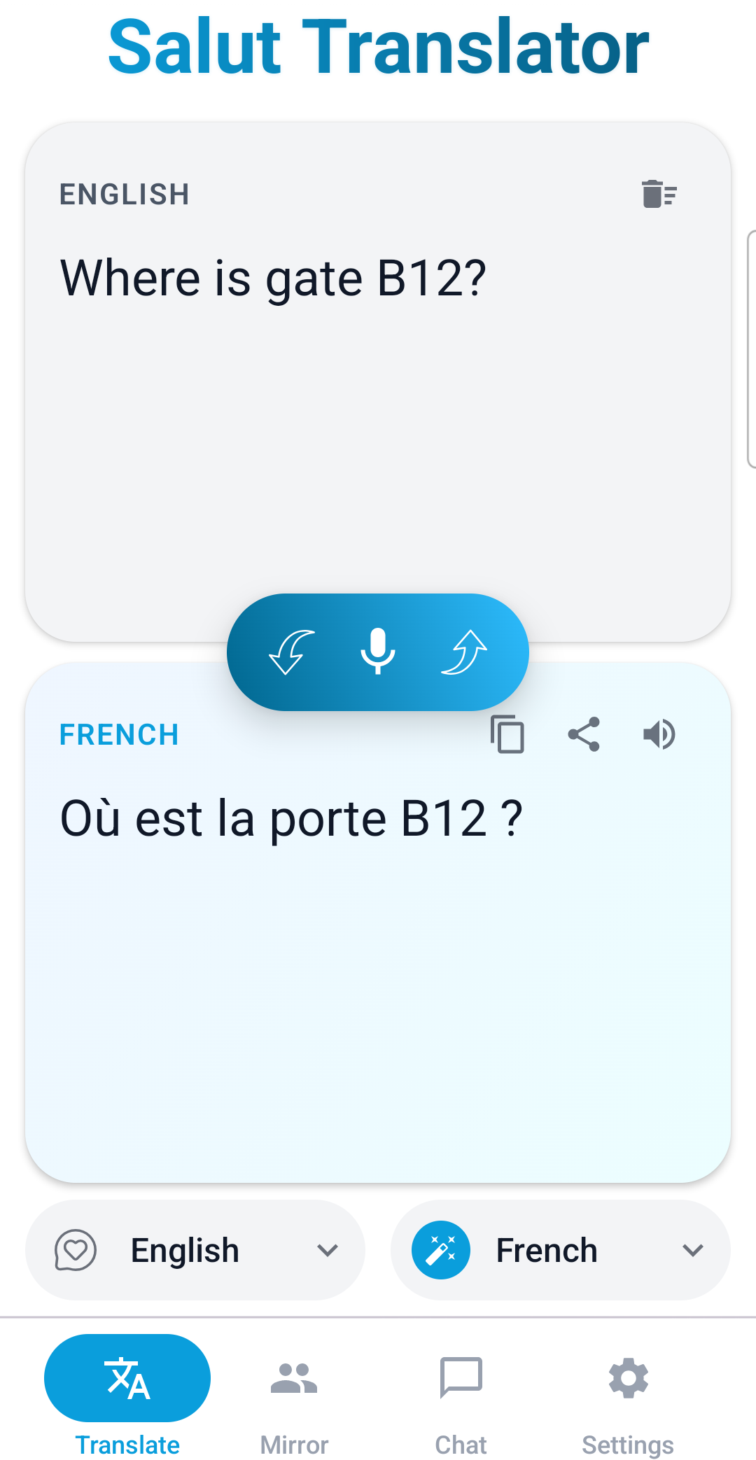 Salut Translator screen with voice translation